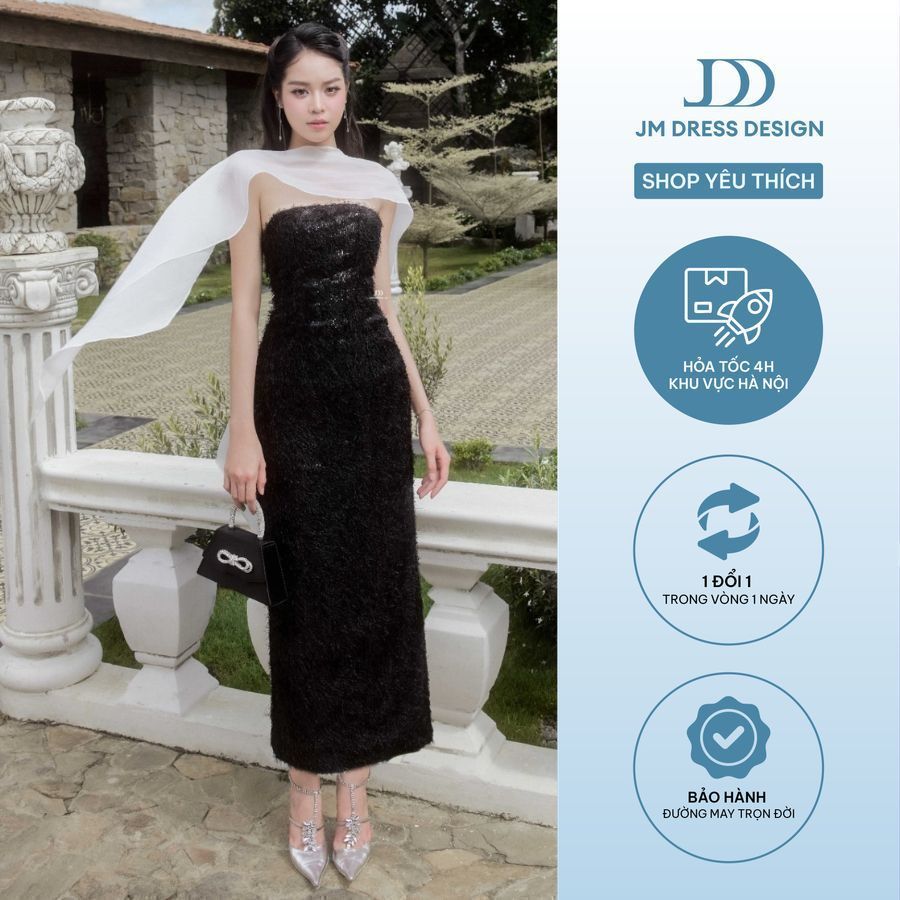 Đầm quây dáng suông phối khăn choàng 1P10.2505W. Đầm tiệc đen sang trọng, quý phái, gợi cảm nàng thơ thiết kế bởi JM