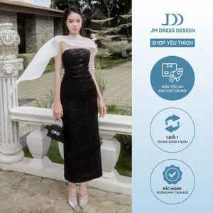 Đầm quây dáng suông phối khăn choàng 1P10.2505W. Đầm tiệc đen sang trọng, quý phái, gợi cảm nàng thơ thiết kế bởi JM
