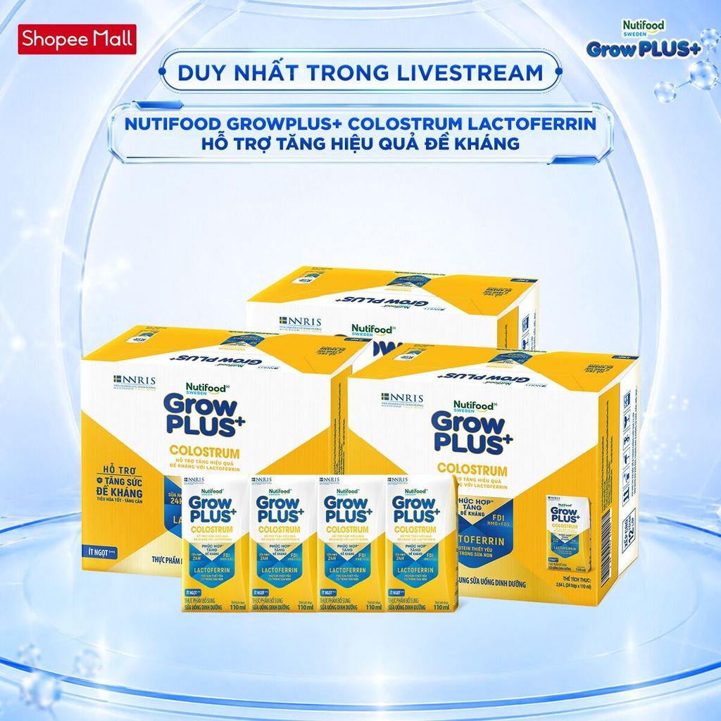 [Livestream KOL] Combo 3 Thùng 24 hộp Sữa bột pha sẵn Nutifood Sweden GrowPLUS+ Colostrum Lactoferrin 110ml