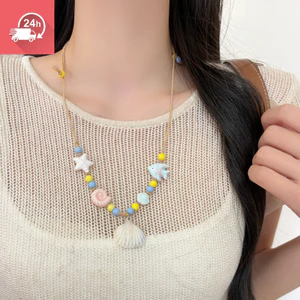 Sao biển đầy màu sắc, hạt cá nhỏ, phong cách kỳ nghỉ bên bờ biển, mặt Vòng cổ vỏ, Vòng cổ dệt thời trang