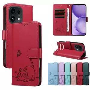YJD Ốp Lưng Cho OPPO Reno16 Pro Reno16F Dập Nổi May Mắn Mèo Da Khe Cắm Thẻ Dây Đeo Tay Chống Rơi Vỏ Điện Thoại