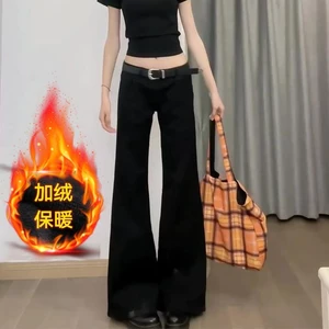 Quần Jean Flare Nữ Eo Thấp Lông Cừu Lót Cực Dài Giặt Quần Denim Đen