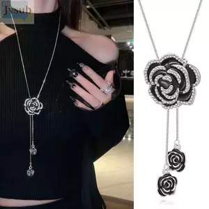 Vòng Cổ Áo Len Tua Rua Dài JVSUB, Có Thể Điều Chỉnh Chiều Dài Hoa Hồng Đen Tưởng Niệm Vòng Cổ Camellia Đen, Mặt Dây Chuyền Quyến Rũ Kim Cương Giả Phụ Kiện Trang Sức Tính Khí