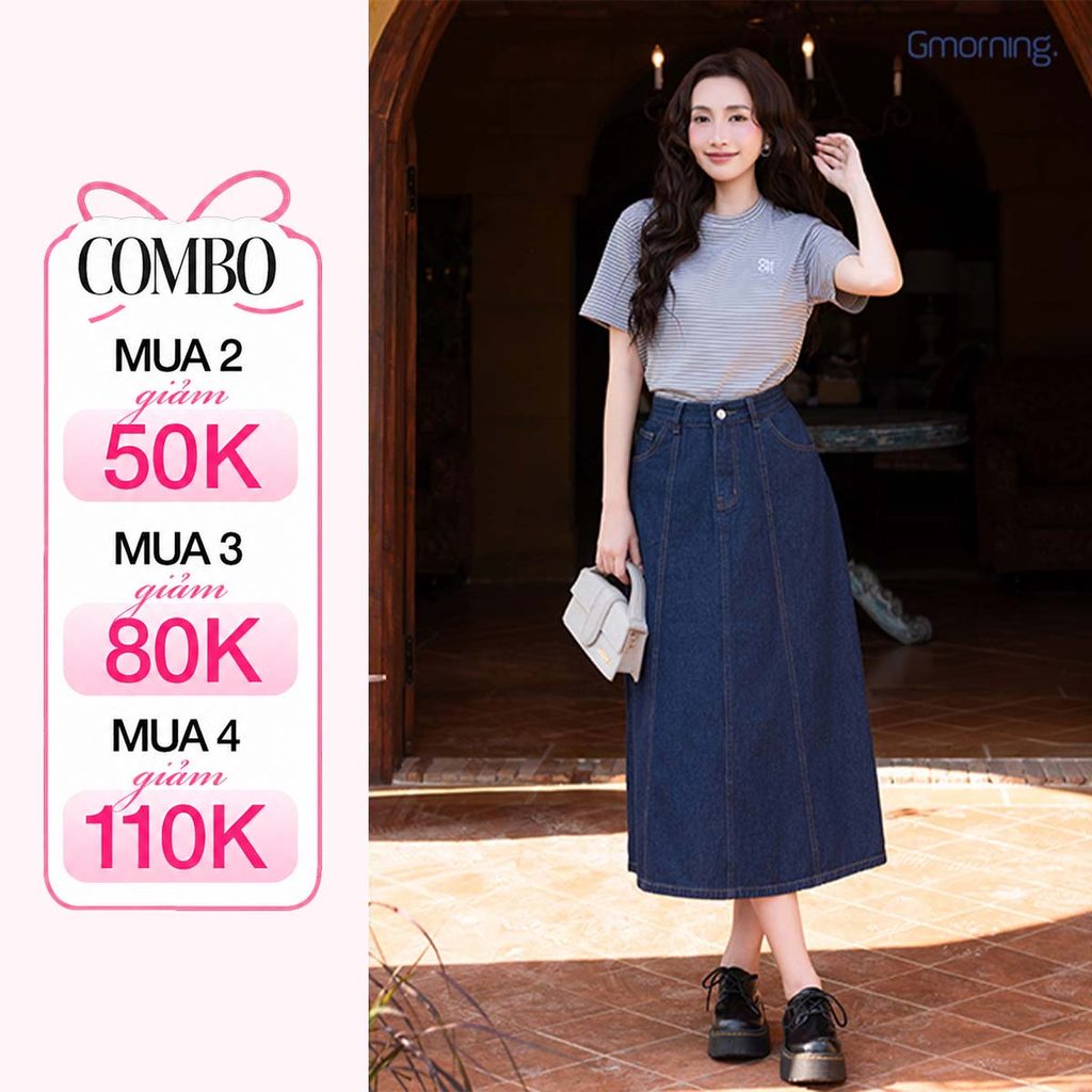 Chân Váy Midi Denim GMORNING Form A Cách Điệu Phối Chỉ Vàng Trẻ Trung YVJG04010