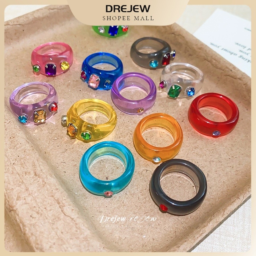 Nhẫn Drejew Nhiều Màu Nhựa Acrylic Trong Suốt Với Cubic Zirconia Kẻ Sọc Chunky Tuyên Bố Nhẫn Nữ Mặc Hàng Ngày