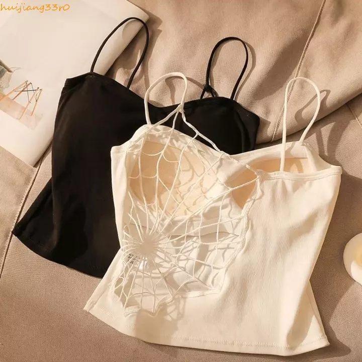 HUIJIANGGU Spider Web Crop Top, Áo hai dây Cotton Slim Fit, Phong cách Hàn Quốc sang trọng với miếng lót áo ngực hở lưng Áo Vest rỗng Áo đi biển