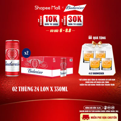 Nồng Độ Cồn 5.0% - Combo 2 Thùng 24 Lon Bia Budweiser Sleek Can Chính Hãng (330ml/ lon)