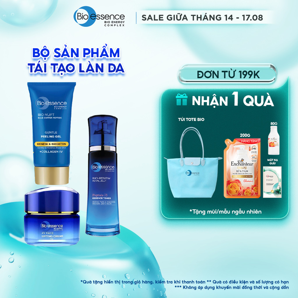 Bộ Bio-essence Renew – Tái tạo da: Gel Tẩy tế bào chết 60g, Sữa rửa mặt 100g, Kem nâng cơ 45g, Toner 100ml