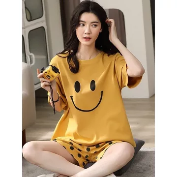 bộ đồ ngủ nữ mùa hè set đồ nữ mùa hè Bộ đồ ngủ 100% cotton cho nữ, mẫu mới hè 2025, áo ngắn tay quần đùi trẻ trung, cỡ lớn, bộ đồ mặc nhà cho nữ