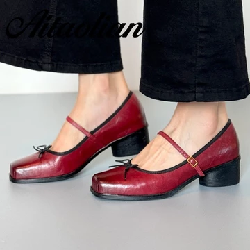 (Size 34-40) Da Thật Chính Hãng Giày Cao Gót Nữ Mũi Vuông Giày Nữ Giày Cao Gót Nữ Da Mềm Giày Cao Gót Thời Trang Giày Nữ Hot Giày Màu Trơn Mary Jane Giày Đen