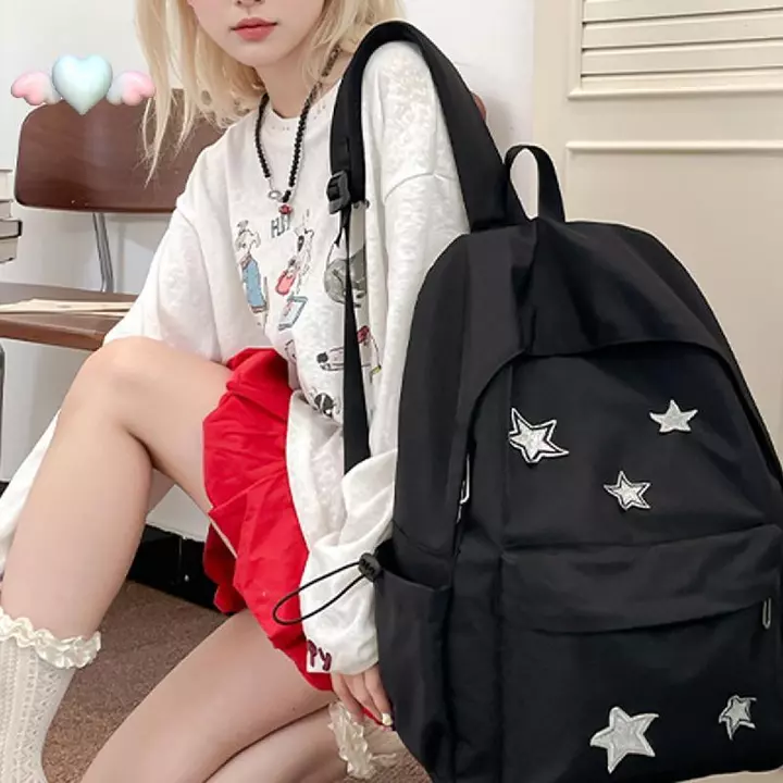 Ba Lô Ngôi Sao Y2K Ba Lô Ngôi Sao Dung Tích Lớn Ba Lô Canvas Đi Học Có Dây Kéo Mịn & Túi Đựng Sách Trước Ba Lô Laptop Màu Đen Cho Bé Gái Đi Bộ Đường Dài Du Lịch