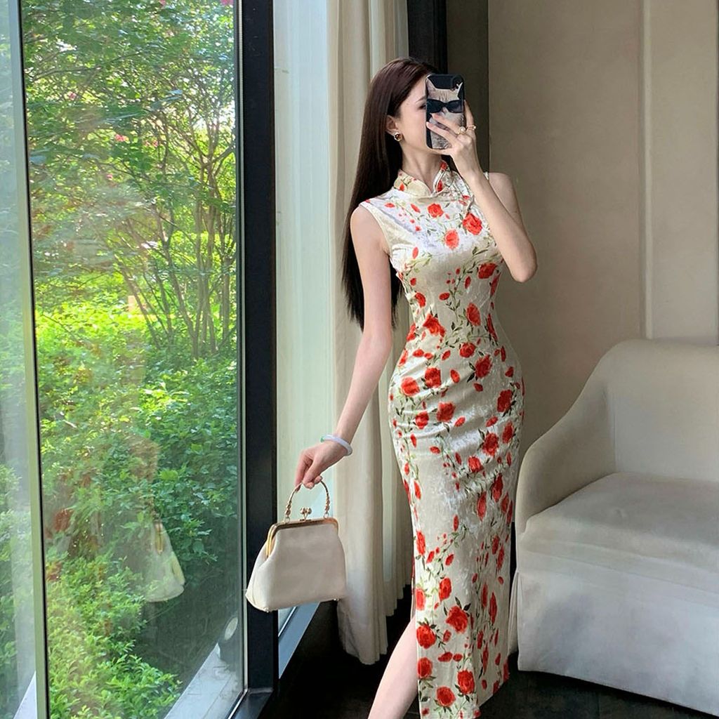Mới Phong Cách Trung Quốc Cao Cấp Thanh Lịch Tính Khí Retro Nhung Cải Tiến Sườn Xám Đầm Chính Hãng Mỏng Cắt Eo Váy Hông