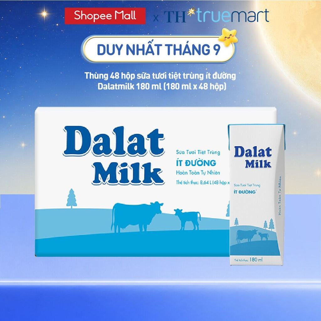 Thùng 48 hộp sữa tươi tiệt trùng Dalatmilk ít đường 180 ml (180 ml x 48)