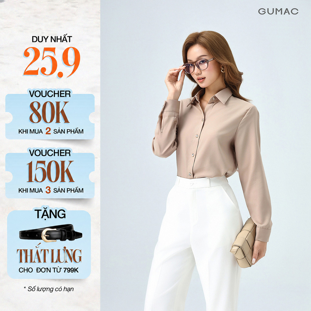 [MUA 2 GIẢM 80K] Áo Sơ Mi Nữ Tay Dài GUMAC Áo Kiểu Công Sở Lụa Mango Trơn Basic Mềm Mát Cao Cấp BAE00001 - 6211