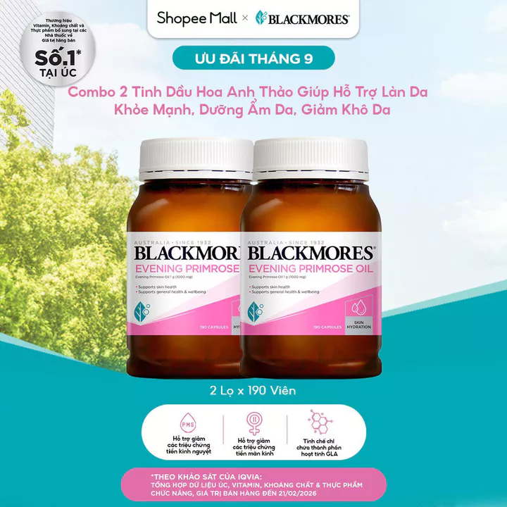 [Date 10/27] Combo 2 Tinh Dầu Hoa Anh Thảo Hỗ Trợ Da Khỏe Mạnh, Dưỡng Ẩm Da Blackmores Evening Primrose Oil Lọ 1
