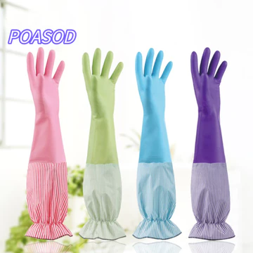 Găng tay làm sạch MAYSHOW, Găng tay rửa chén họa tiết sọc nhung, Găng tay cao su chống trượt dài tay chống trượt chất lượng cao Găng tay cao su miệng lá sen để làm sạch gia đình