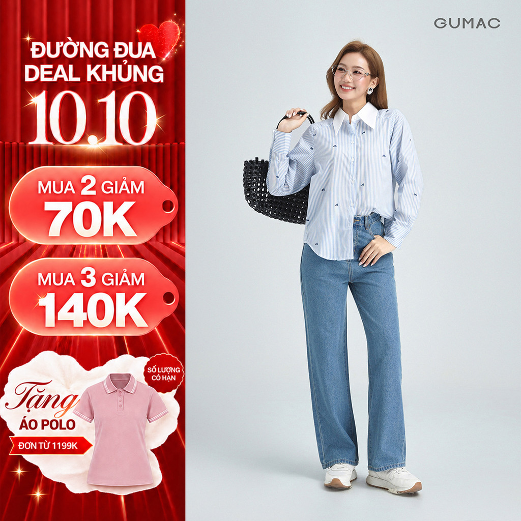 [NHẬP MÃ OLLPOCT20 GIẢM 20%] Quần Jeans Nữ Dáng Suông Vừa GUMAC Màu Xanh Đậm Tôn Dáng Chất Jeans Mềm Đứng Form LQJE1109