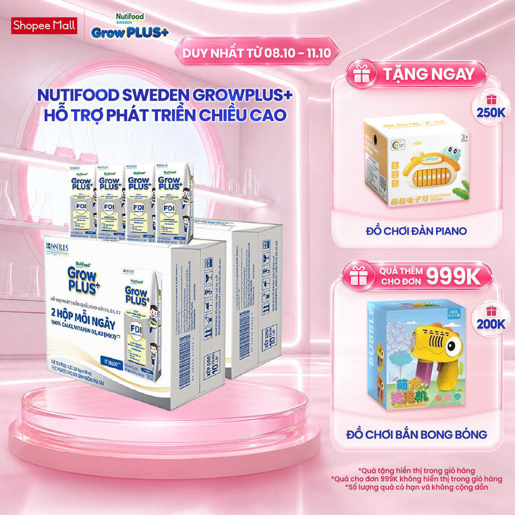 Combo 2 Thùng 24 Hộp Sữa Bột Pha Sẵn Nutifood Sweden GrowPLUS+ Cao lớn vượt trội hộp 180 ml