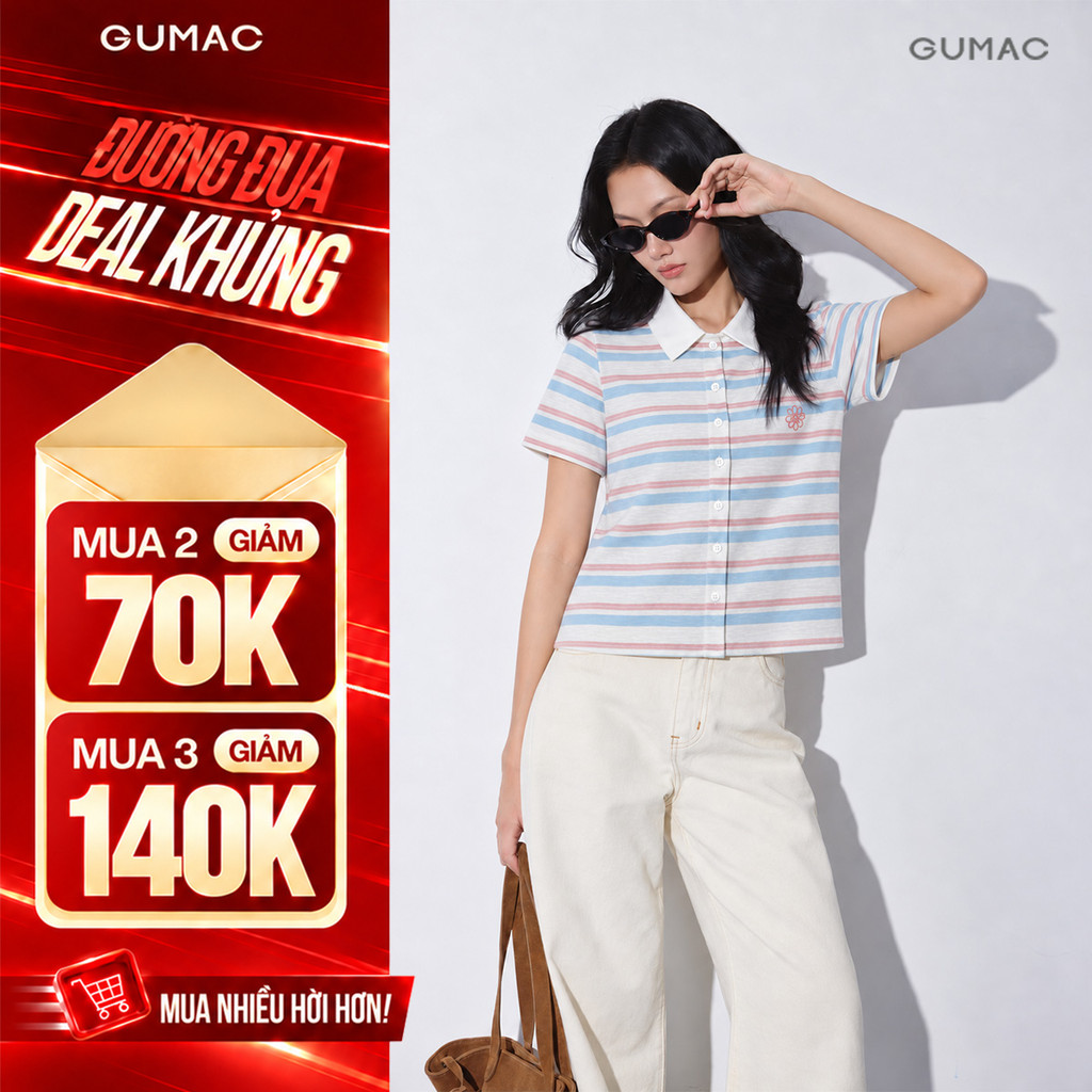 Áo Polo Nữ Gmorning - GUMAC Form Slim Cổ Polo Phối Bo Trắng Thêu Cỏ 4 Lá YAPG10029