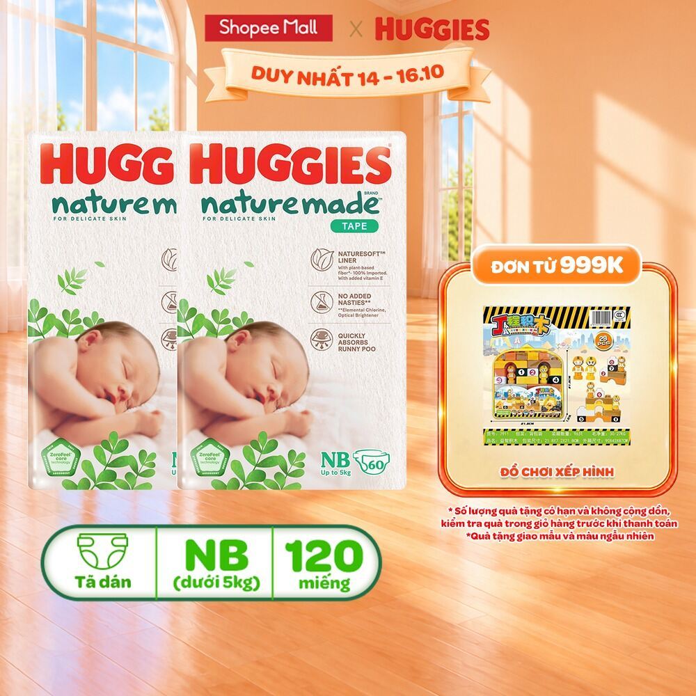 Tã/Bỉm dán sơ sinh Huggies NatureMade NB60 (dưới 5kg)/S82(4-8kg) /M64(6-11kg)/L54/XL44