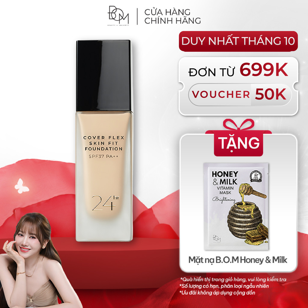 Kem Nền Lâu Trôi Che Khuyết Điểm B.O.M Cover Flex Skin Fit Foundation 30ml, Kem Nền Mỏng Mịn, Dưỡng Ẩm, Lâu Trôi 24H