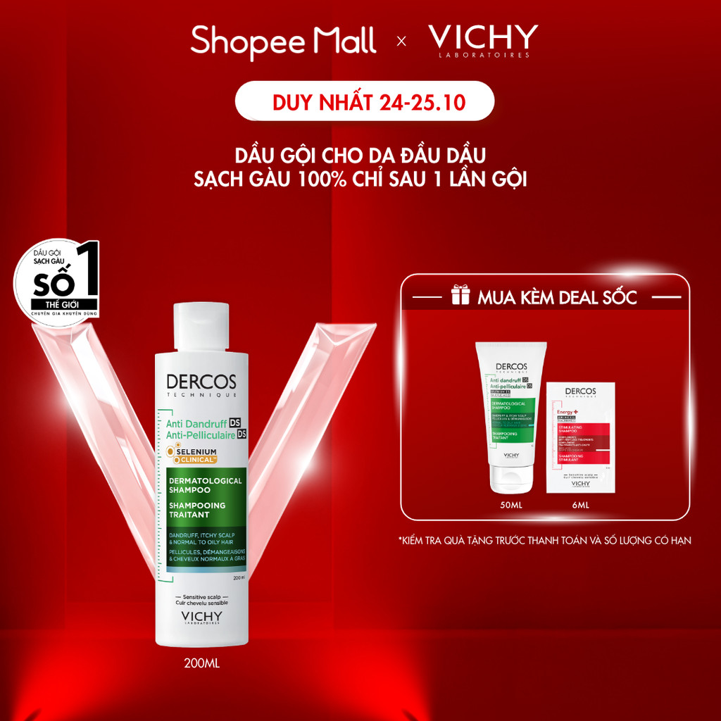 Dầu gội sạch gàu Dercos VICHY 100% chỉ sau 1 lần gội dành cho da dầu & ngứa, SỐ 1 Việt Nam chuyên gia khuyên dùng 200ml