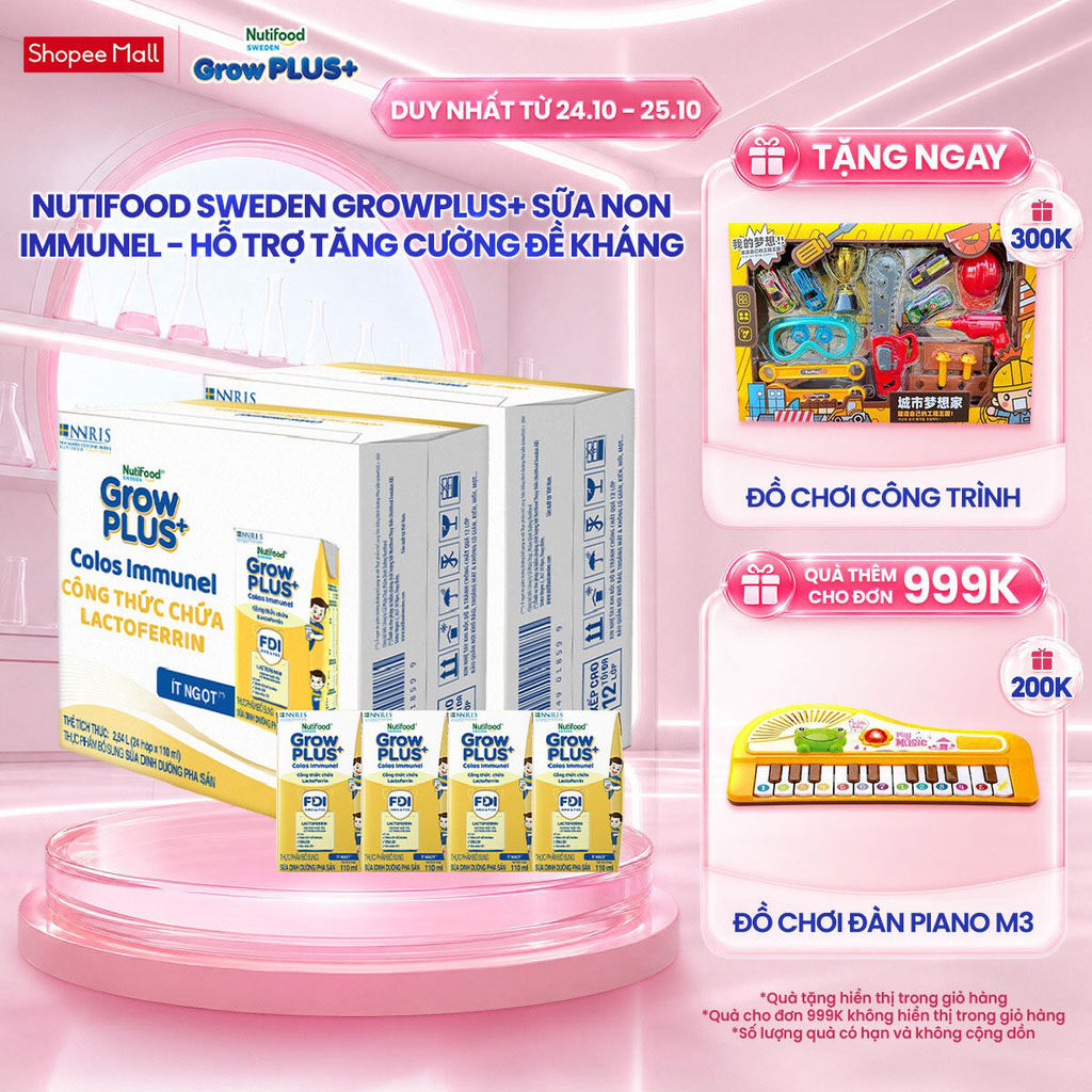 Combo 2 Thùng 24 hộp Sữa Bột Pha Sẵn Nutifood Sweden GrowPLUS+ Sữa Non Immunel hộp 110 ml (Bao bì tuỳ lô hàng)