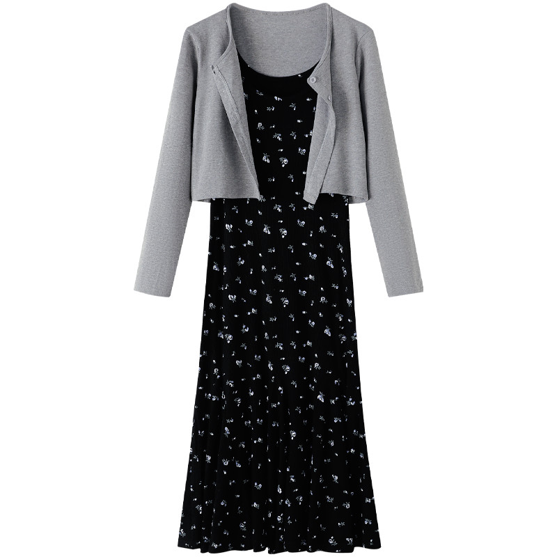 Mutu Đầm Two-Piece Mori Girl Hoa Pháp Mùa Xuân, Cardigan Dệt Kim Màu Xám