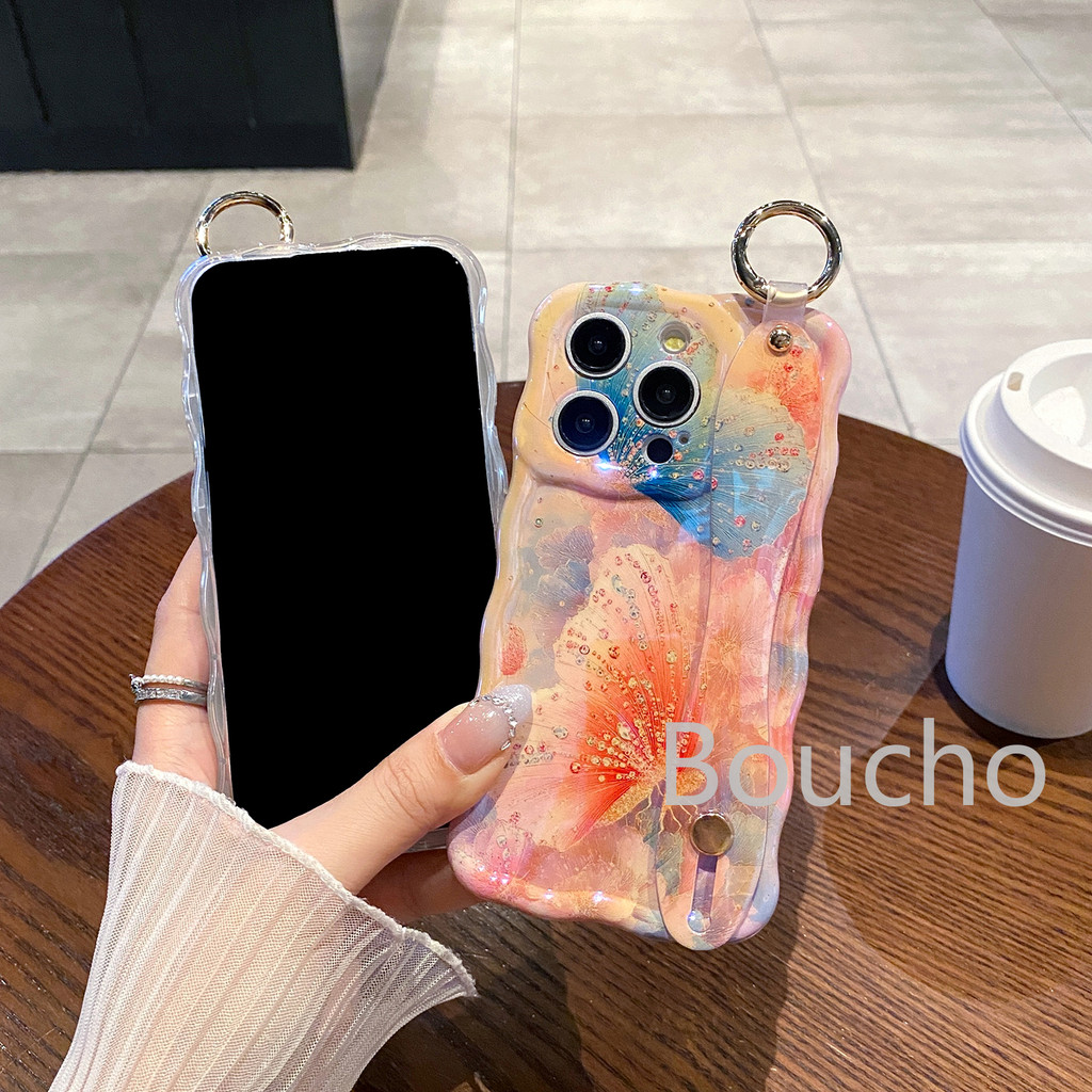 Dây Đeo Tay Ốp Điện Thoại Cho iPhone 17 Pro Max 16 15 14 plus 13 12 Pro Max 16e Tranh Dầu Bướm Vỏ Cho iPhone Air 11 Pro Max 12promax IMD Ốp Lưng Chống Sốc Khung Sóng