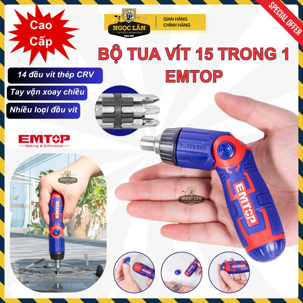 [Chính hãng] Bộ tua vít 15 trong 1 EMTOP, tay vặn xoay chiều, 14 đầu vít thép CRV cao cấp