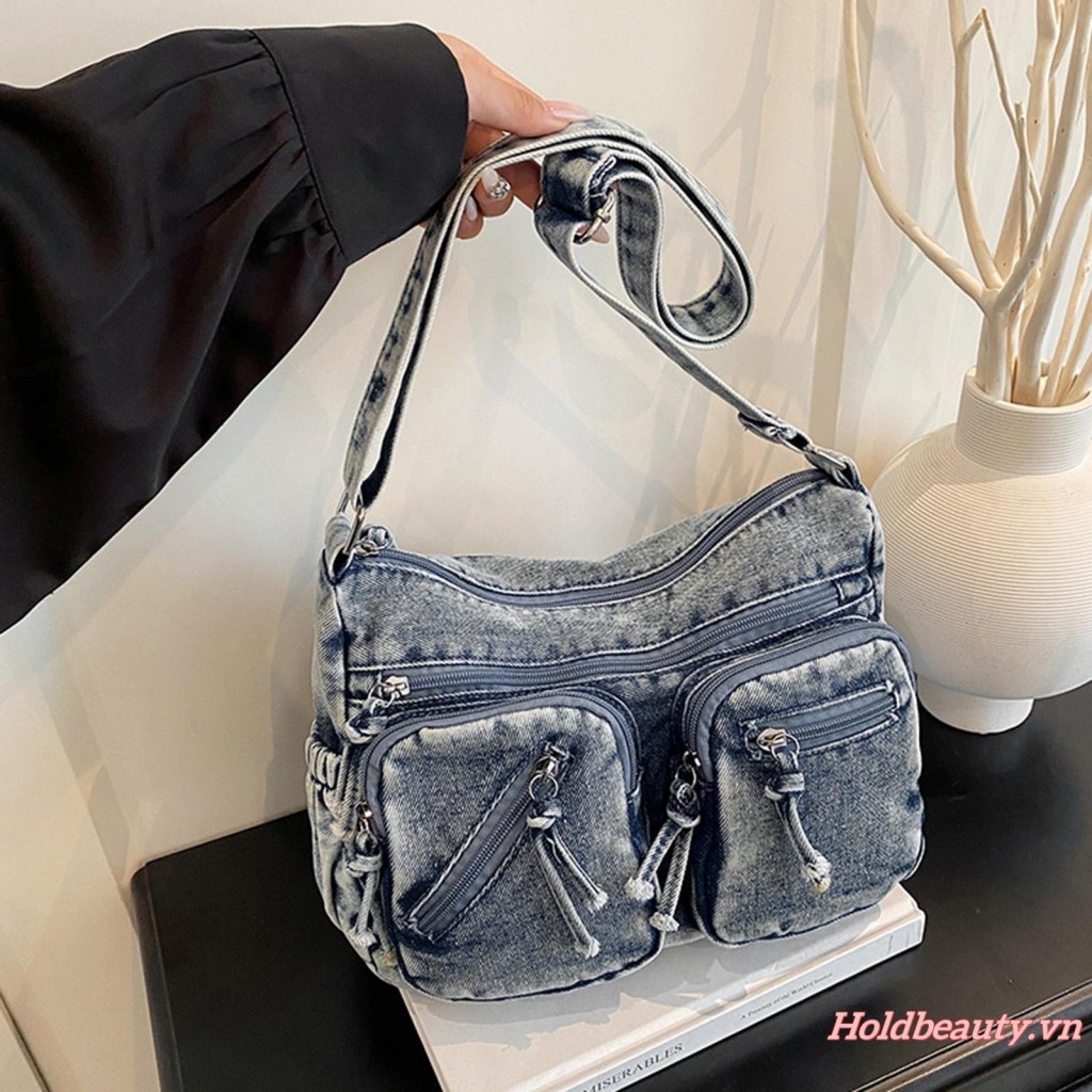 Túi đeo chéo Denim dung tích lớn với nhiều túi có khóa kéo và dây đeo có thể điều chỉnh Túi đeo vai Jean hợp thời trang dành cho nữ