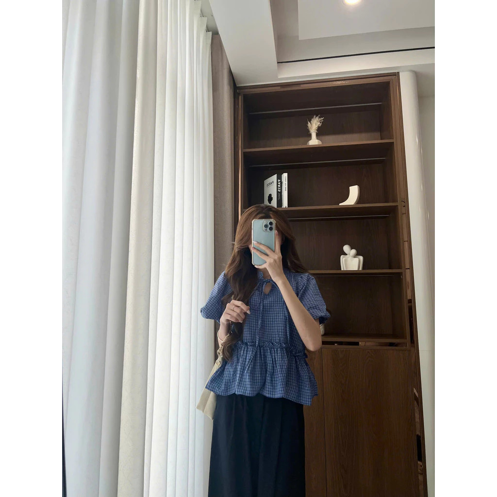 Áo Babydoll Kẻ Cổ Tàu Buộc Dây Cộc Tay, Áo Babydoll Nữ Ngắn Tay Buộc Nơ Dáng Rộng Chất Thô_A557