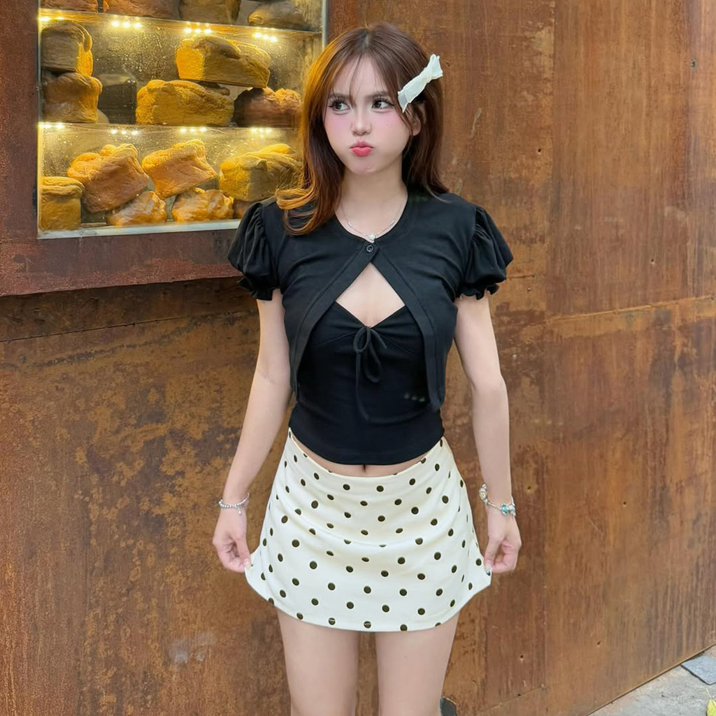 Chân Váy Chấm Bi Cạp Trễ  Kiểu Dáng Ôm Có Lót Quần Phong Cách Y2K C070