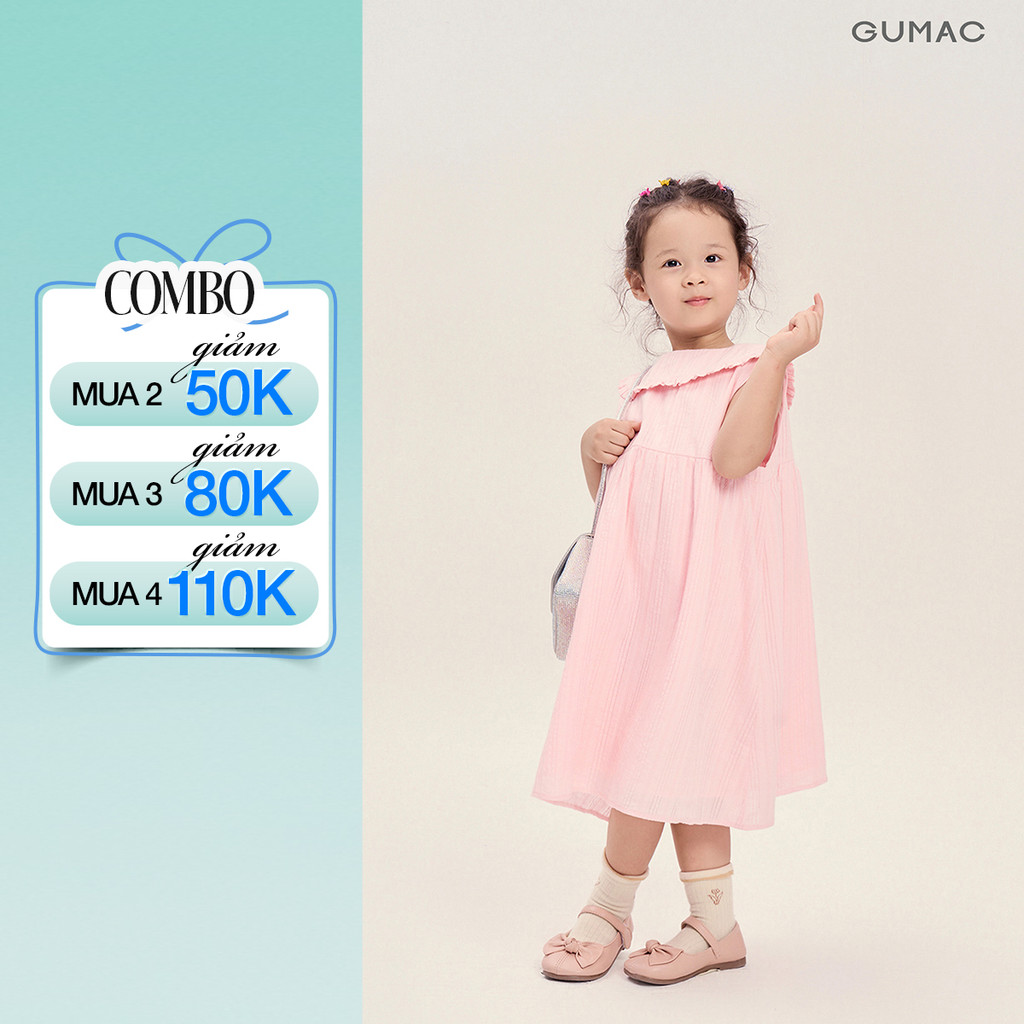 Đầm Bé Gái GUMAC Form A Suông Cổ Cánh Sen Bèo Nhún Vải Xô Thêu Mềm Xinh Xắn DKG04035