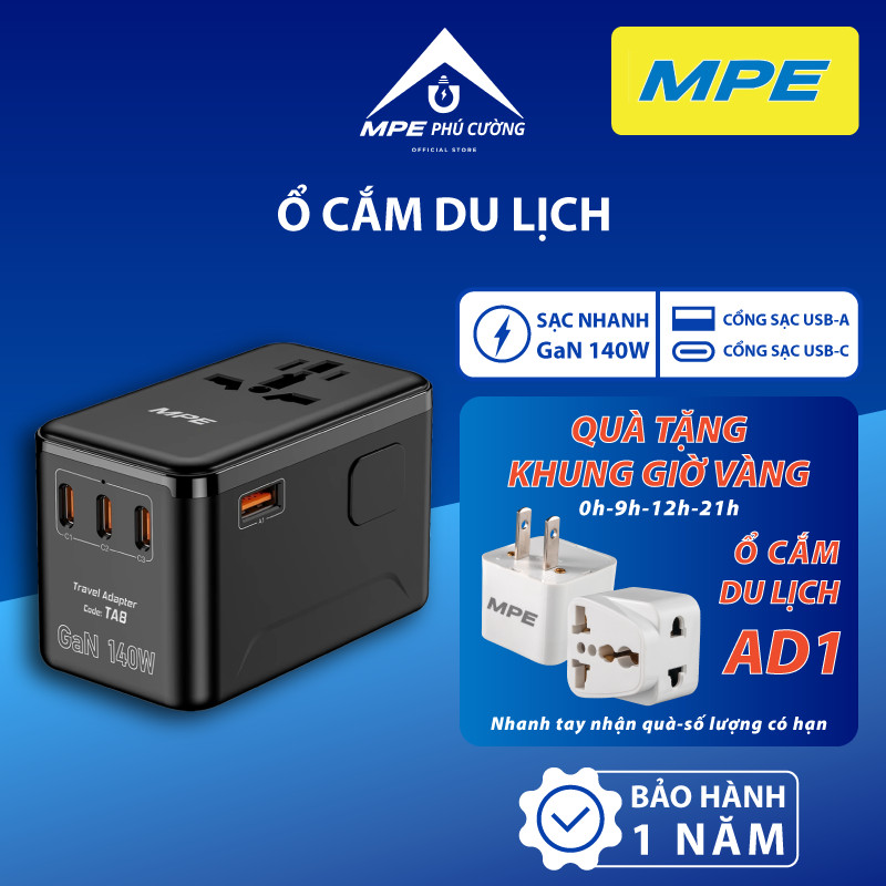 Ổ cắm du lịch MPE đa năng, cổng USB-C, USB-A, sạc nhanh GaN 140/100/67W seri TA8, TA7, TA6, sử dụng được nhiều quốc gia