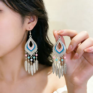 Retro Phong Cách Dân Tộc Miao Dân Tộc Bạc Trang Sức Bông Tai Mùa Hè Kỳ Nghỉ Du Lịch Bohemian Tua Rua Bông Tai Dài Nữ