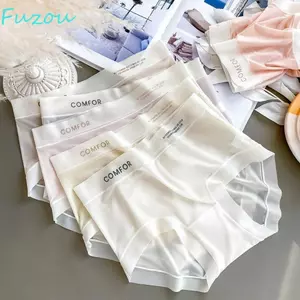 Quần lót lụa băng mùa hè FUJIZOU, Quần lót lụa băng liền mạch in chữ, Quần lót Cotton thời trang Quần lót đơn giản xuyên thấu Quần lót nữ sinh nhật
