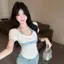 JULYHOT Mùa Hè Ngọt Ngào Gợi Cảm Kẻ Sọc Chắp Vá V-ne Áo Thun Mỏng Tay Ngắn Cho Nữ Massivedeals