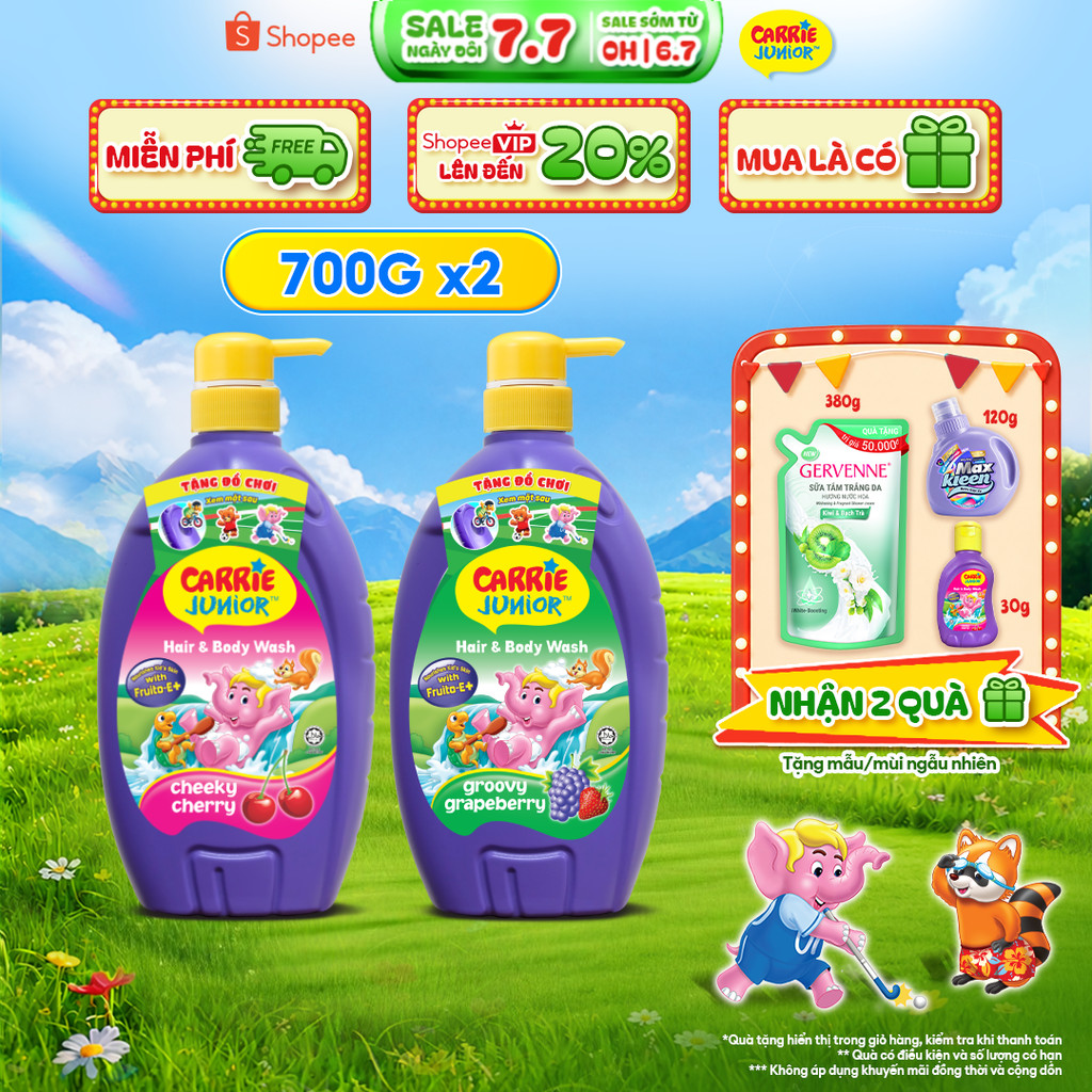 Combo 2 Sữa Tắm Gội thành phần thiên nhiên Sạch Dịu Nhẹ & ẩm mịn Cho Bé Carrie Junior ( 700g x 2 ): Grapeberry + Cherry