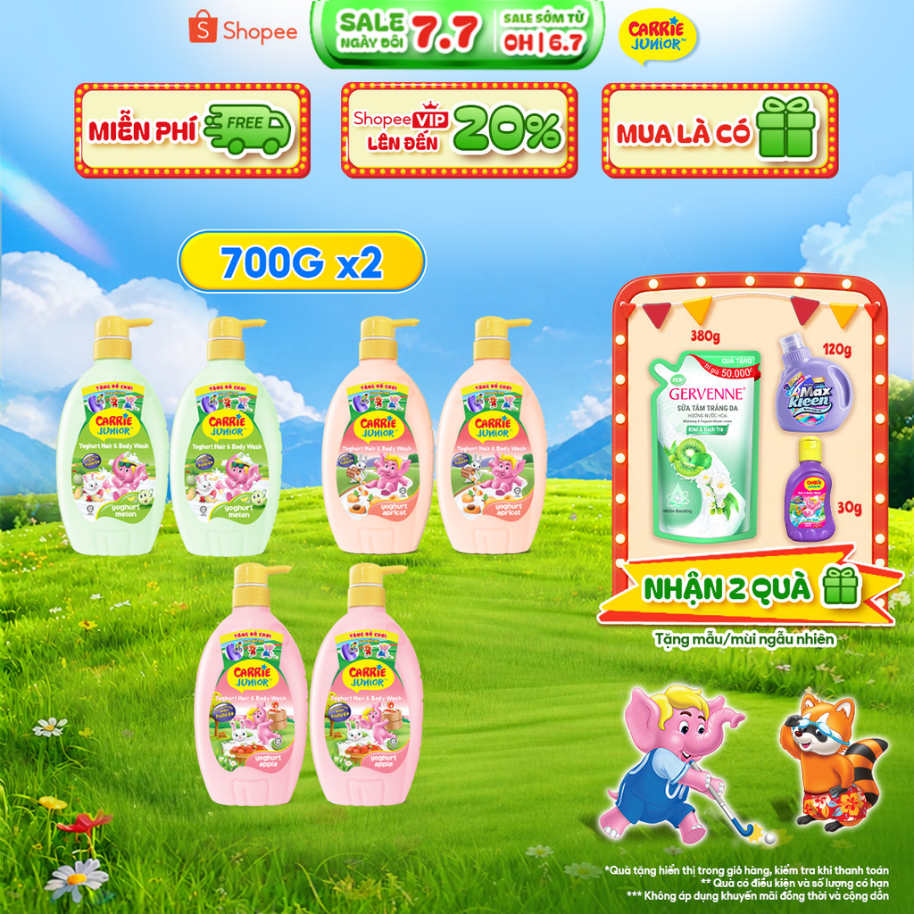 Combo 2 Chai Sữa Tắm Gội thành phần thiên nhiên & sữa chua Sạch Dịu Nhẹ & ẩm mịn Cho Bé Carrie Junior Yoghurt 700g x 2