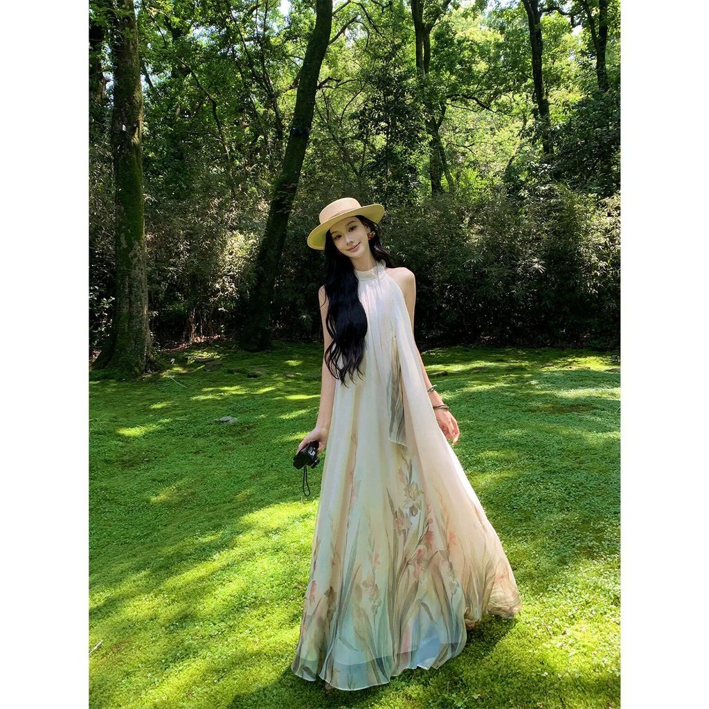 Đầm voan hoa thuỷ mặc vintage trà chiều