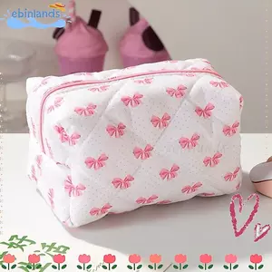 Túi trang điểm Quilted EBINLANDS, Hộp đựng mỹ phẩm nơ dung tích lớn, Túi xách vệ sinh đa chức năng di động dành cho nữ