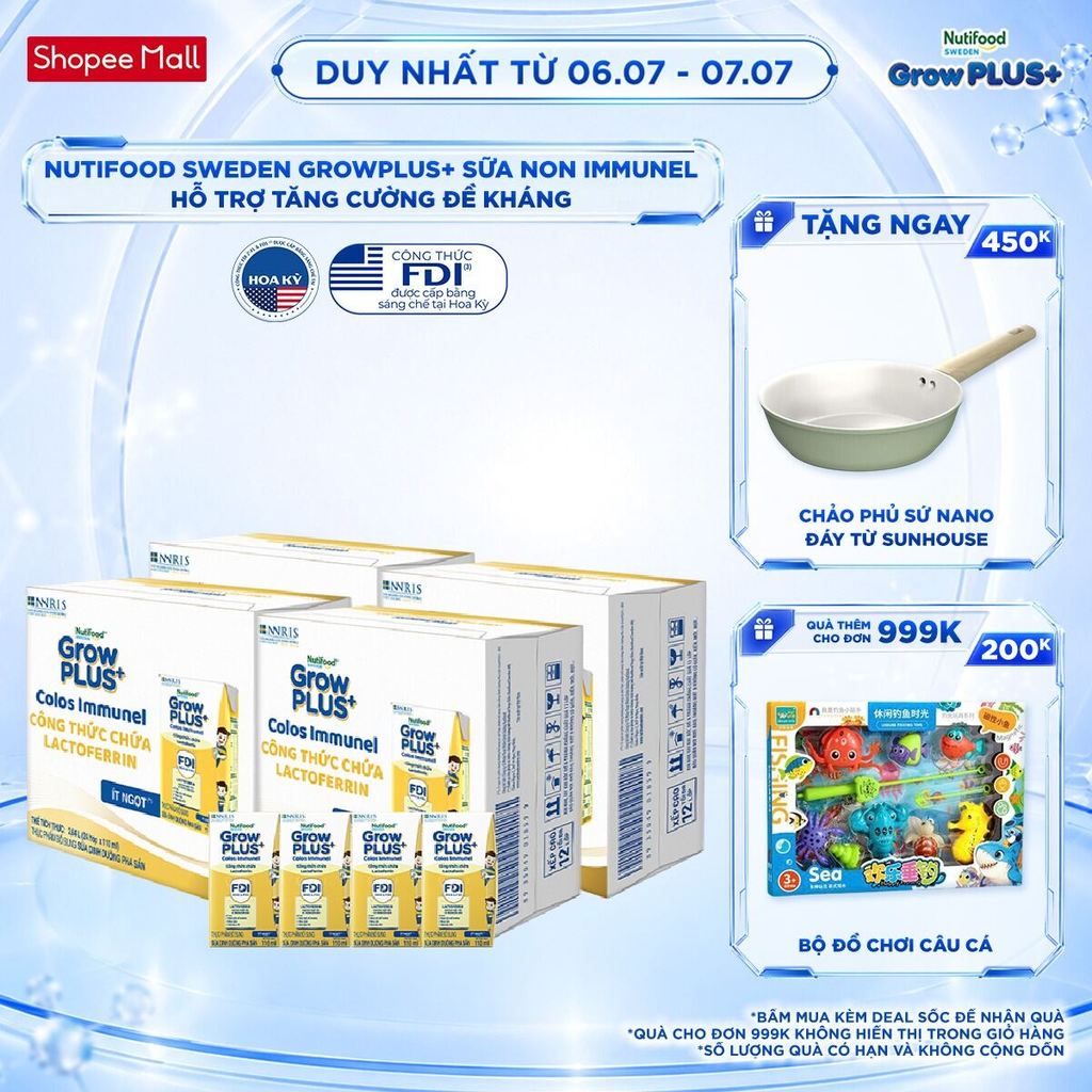 Combo 4 Thùng 24 hộp Sữa Bột Pha Sẵn Nutifood Sweden GrowPLUS+ Sữa Non Immunel hộp 110 ml (Bao bì tuỳ lô hàng)