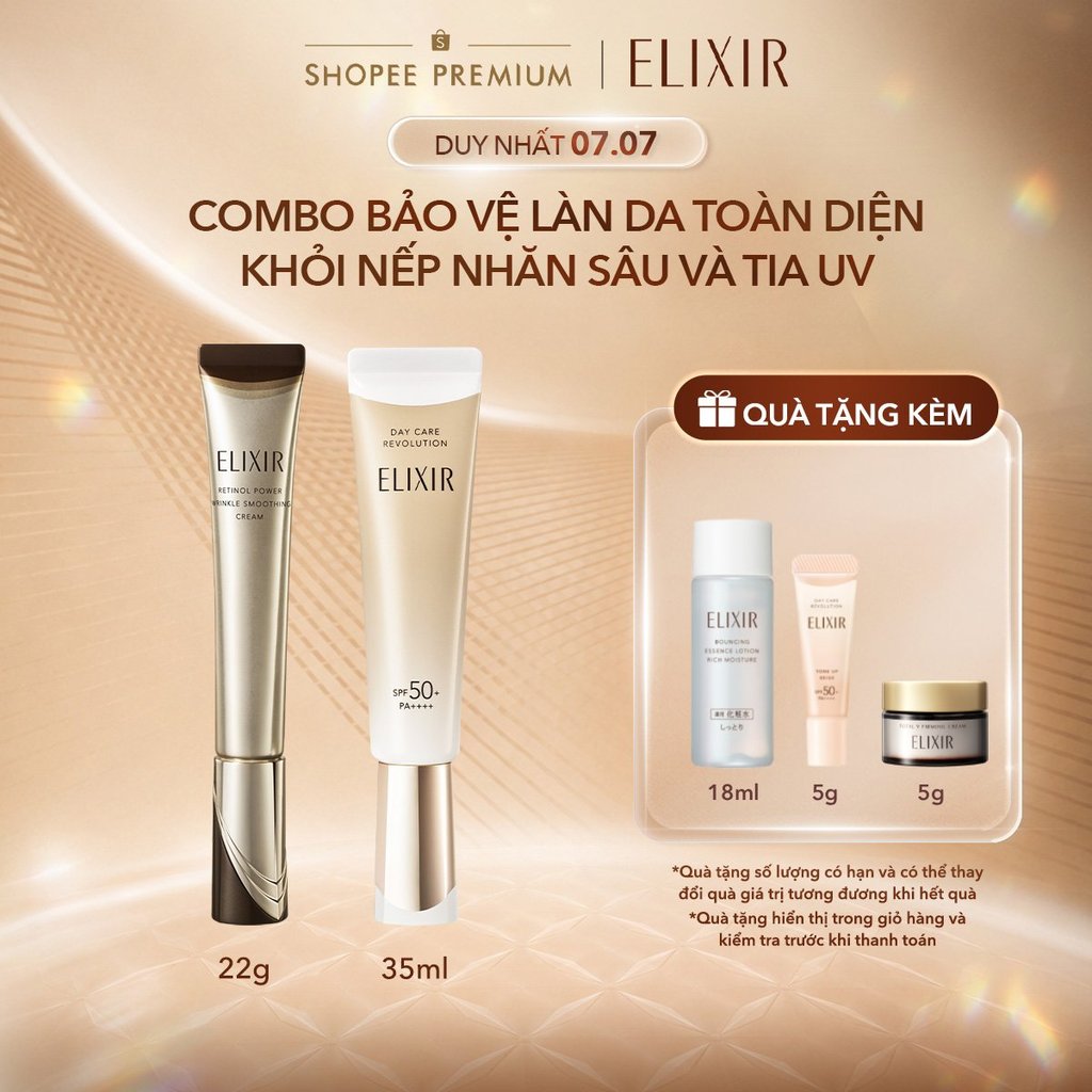 COMBO Kem dưỡng da cải thiện ELIXIR RETINOL POWER WRINKLE SMOOTHING CREAM 22g + Sữa chống nắng dưỡng da ngăn ngừa lão hó
