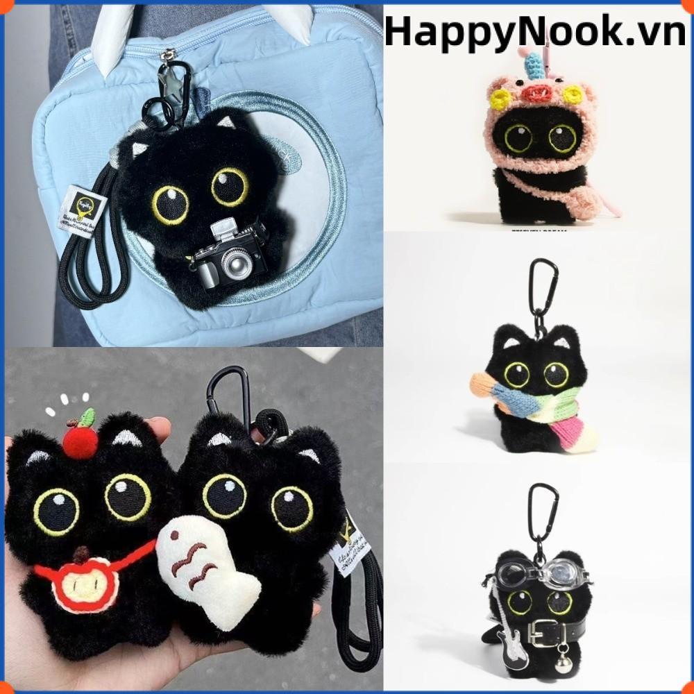 Mặt dây chuyền túi búp bê HAPPYNOOK, Túi đeo vai máy ảnh Mèo đen Móc khóa búp bê sang trọng, Khăn quàng cổ dễ thương Vòng chìa khóa xe Quà tặng