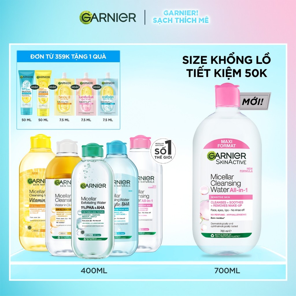 [CÓ SIZE MỚI] Nước Tẩy Trang làm sạch sâu dịu nhẹ cho mọi loại da - Garnier Micellar Cleansing Water 400ml & 700ml