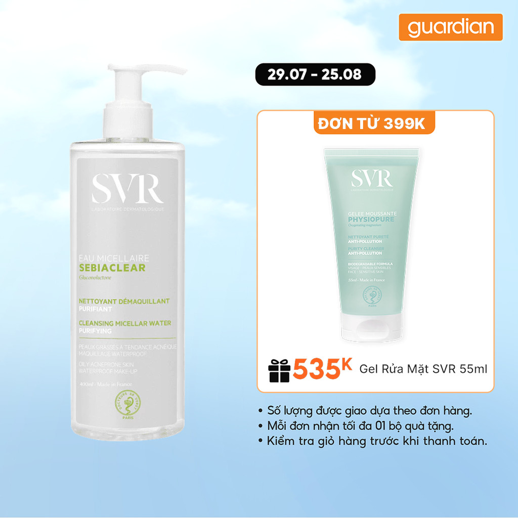 Nước tẩy trang sạch sâu loại bỏ dầu nhờn SVR Sebiaclear Eau Micellaire 400ml
