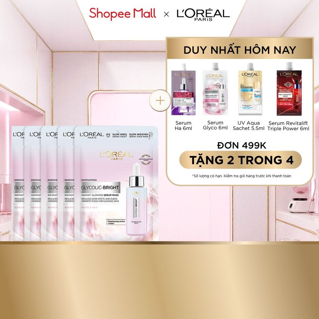 Bộ 5 mặt nạ dưỡng sáng mờ thâm nám L'Oreal Paris Glycolic (AHA) Bright 22gx5