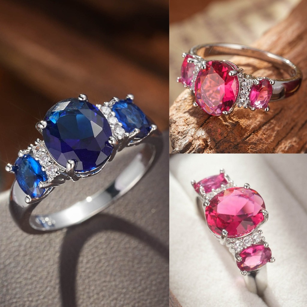 Nhẫn Nữ Hợp Thời Trang Nhẫn Bạc 925 Trang Sức Hình Bầu Dục Ruby Sapphire Đá Quý Cho Nữ Cưới Lời Hứa Dự Tiệc Nhẫn