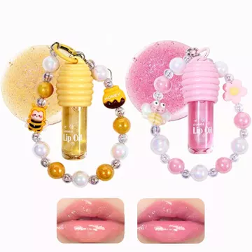 2 cây son bóng lấp lánh kèm móc khóa và dây đeo cổ tay đính hạt, bộ son bóng màu hồng trong suốt dễ thương dành cho các bé gái, dầu dưỡng môi có màu hương trái cây dưỡng ẩm lâu trôi cho các bé gái.
